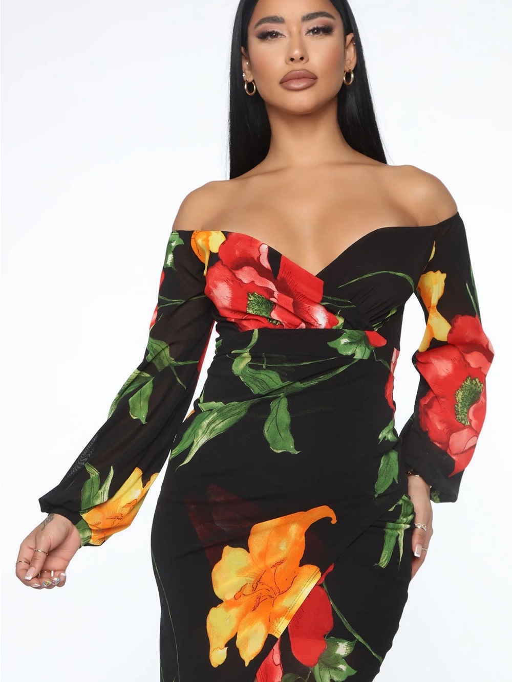 Xhilaration Black Off-Shoulder Floral Bodycon Dress with Red & Yellow Blooms